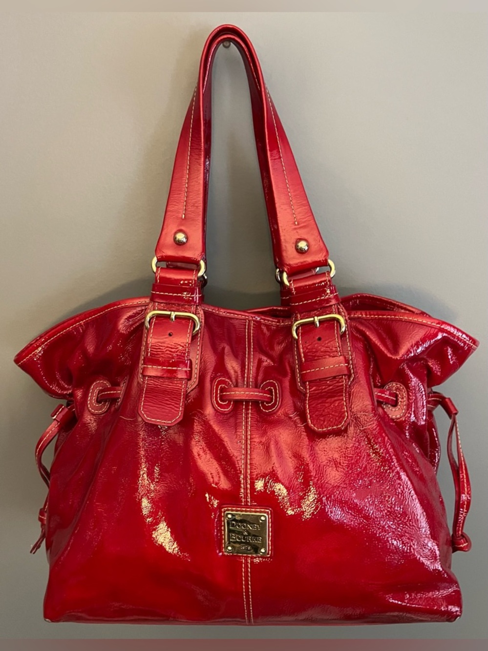Dooney & Bourke Shiny Red Patent Leather Shoulder Bag White Contrast Stitching